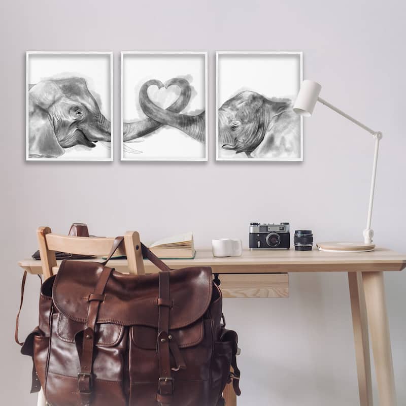 Stupell Elephant Trunk Heart Jungle Animal Illustration, 3pc Multi Piece Framed Wall Art Set
