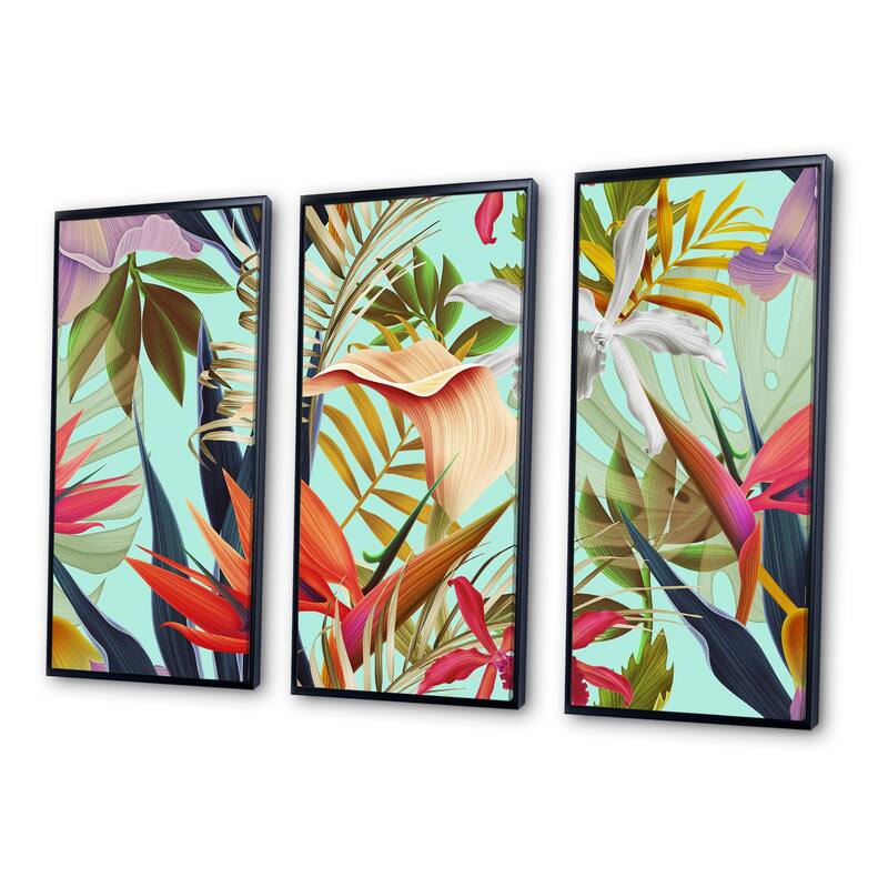 Designart "Tropical VIntage Flowers II" Tropical Framed Art Set of 3