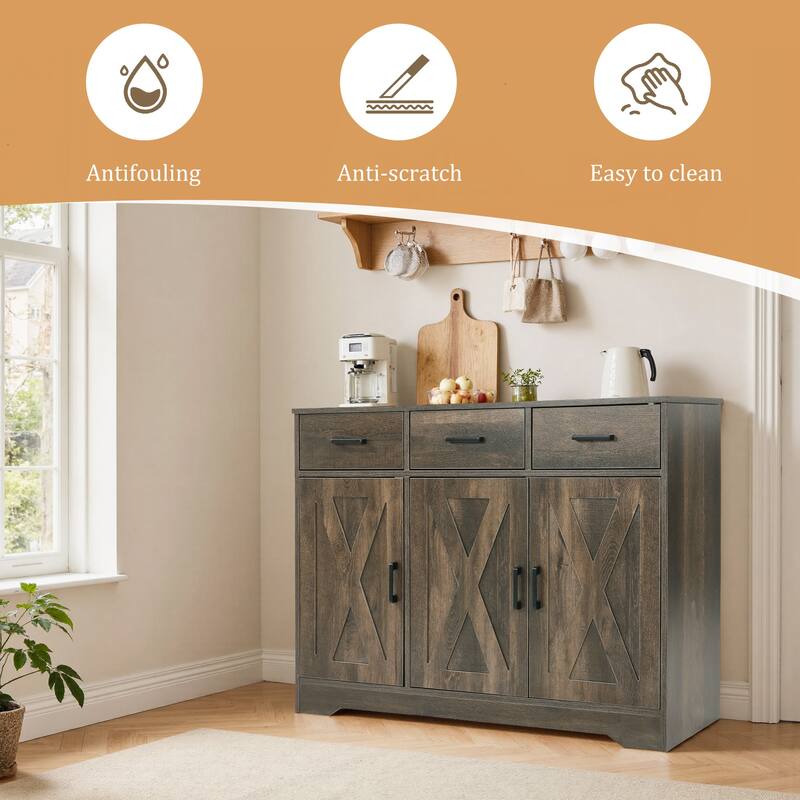 Barn Door Buffets Storage Cabinet Sideboards with 3 Drawers