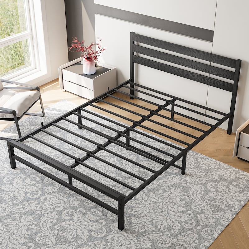 Queen Size Platform Bed with Wooden Headboard, Under Bed Storage, Noise Free, Easy Assembly, Black