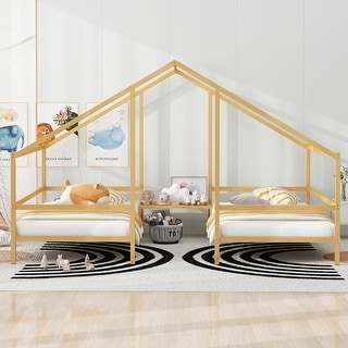 Metal Double Twin Triangular House Beds with Built-in Table, Stylish Double Twin Bed Frames for Kids, No Box Spring Needed, Gold