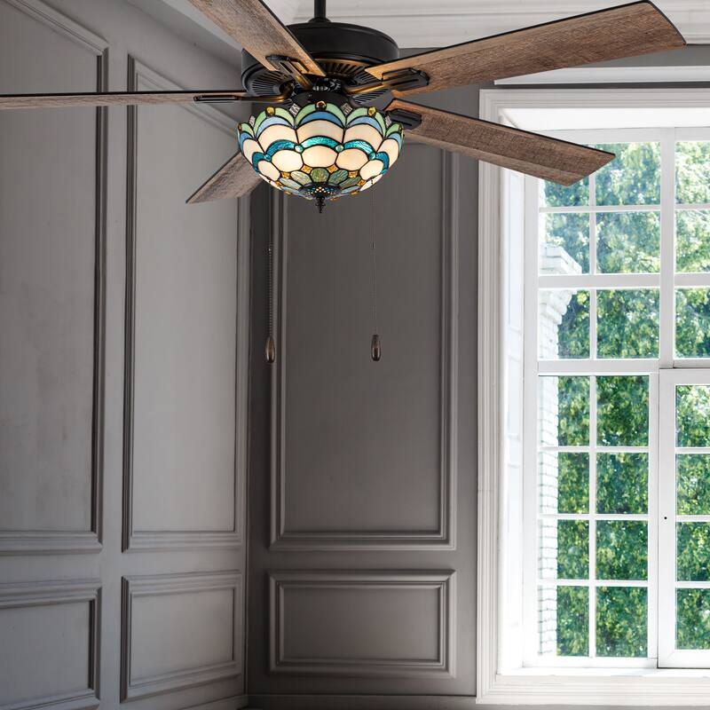Yves River of Goods Multicolored Oil-Rubbed Bronze and Stained Glass 3-Light 52-Inch Ceiling Fan - 52" x 52" x 14.75"/19.75"