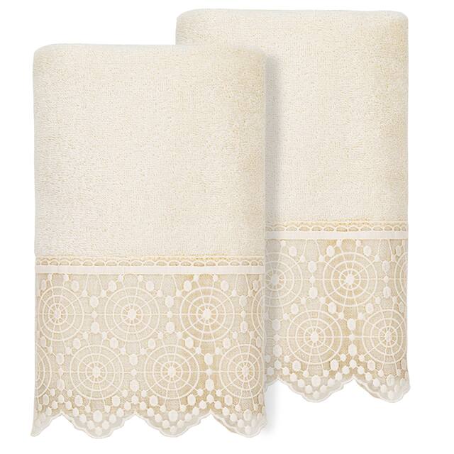 Authentic Hotel and Spa 100% Turkish Cotton Arian 2PC Cream Lace Embellished Hand Towel Set - Cream