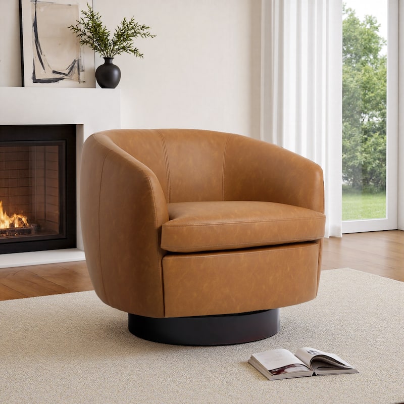 Leather Upholstered Swivel Barrel Accent Chair With Wood Base - Light Brown