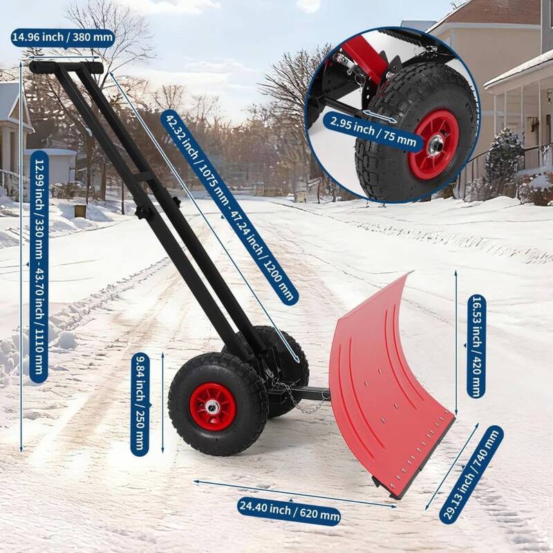 29.13x16.54 in Heavy Duty Rolling Snow Pusher Shovel for Driveway, Doorway, Sidewalk