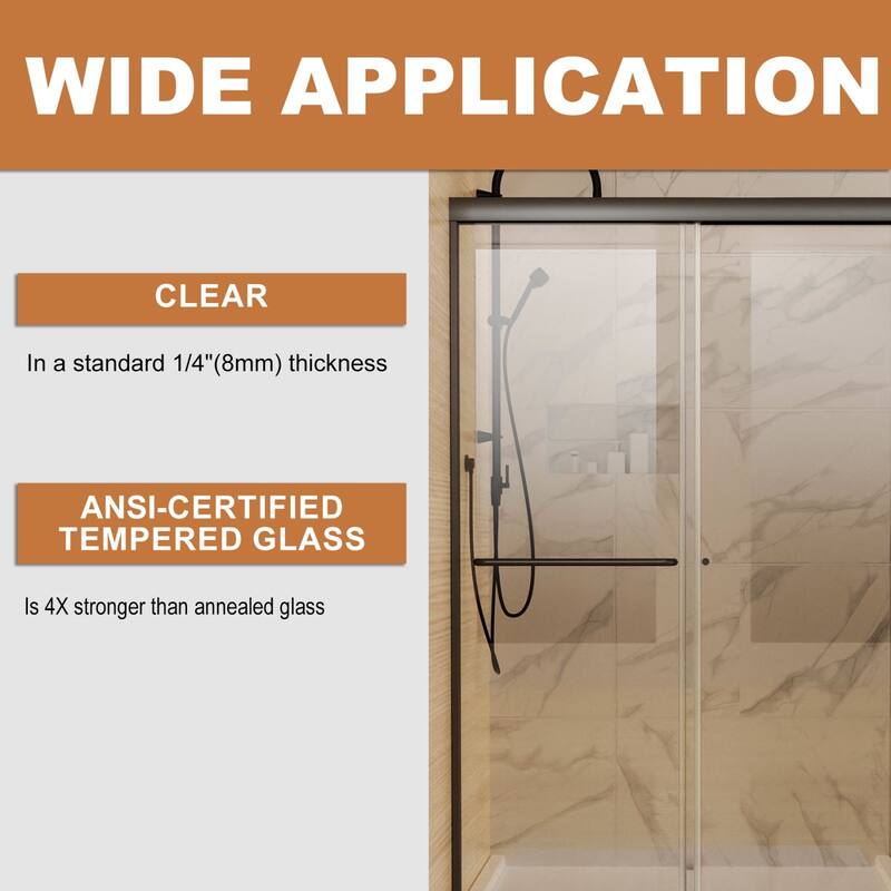 Semi-Frameless Double-sliding Shower Door with Clear Glass - 60 in.Wx72 in.H