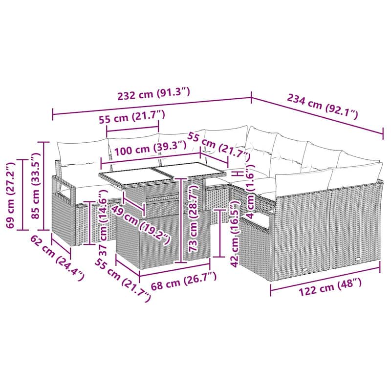 vidaXL 9 Piece Garden Sofa Set with Cushions - 91.3×92.1×27.2