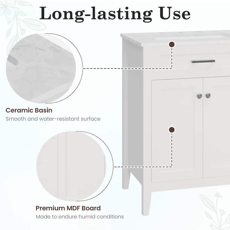 EROMMY All-in-One Bathroom Vanity with Ceramic Sink, Soft-Close Storage Cabinet & Drawer, Glossy Countertop, White