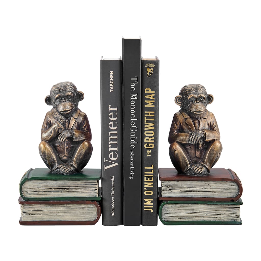 Danya B. Monkeys on Books Polyresin Antique Patina Finish Bookend Set of 2