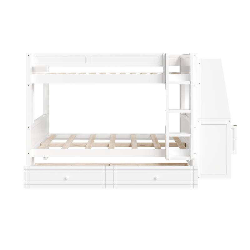 Full Size Multifunctional Bunk Bed Frame with Bookshelves, Desk and Cabinet, Optional with Pull-out Drawers or Trundle Bed