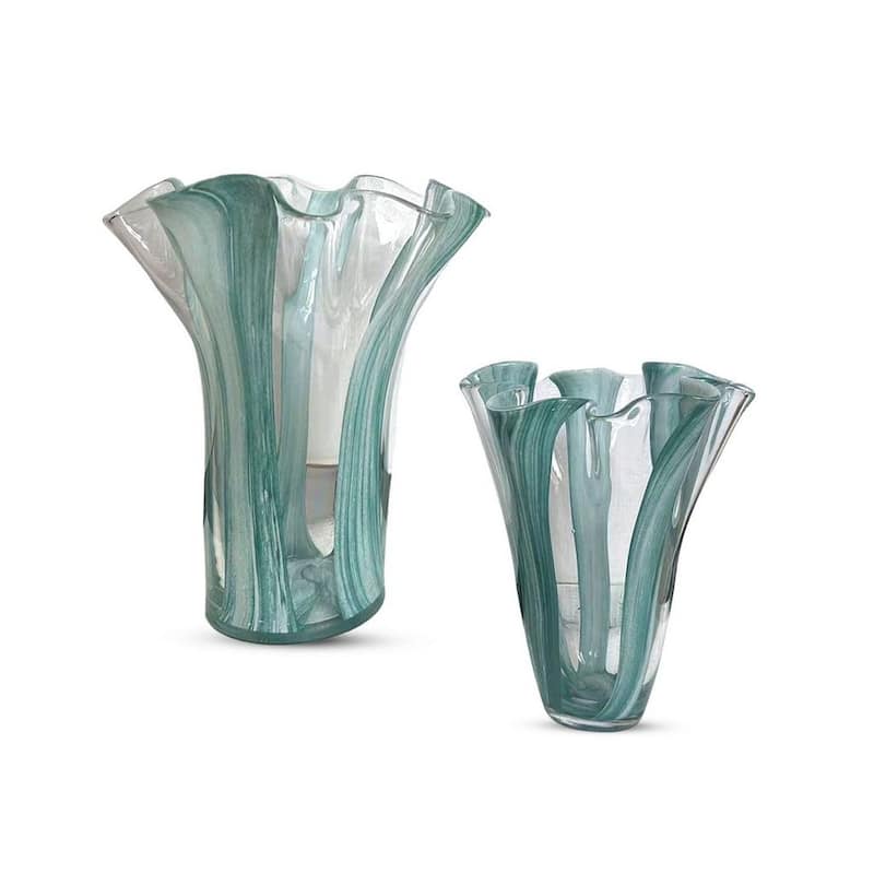 Set of Two Green Striped Handblown Glass Vases