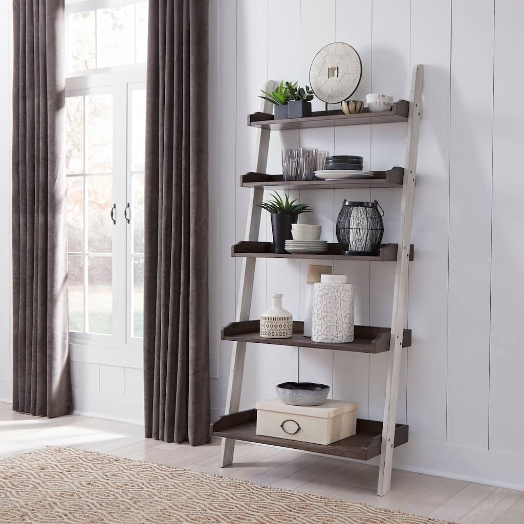 Farmhouse Two Tone White & Wood Tone Leaning Bookcase