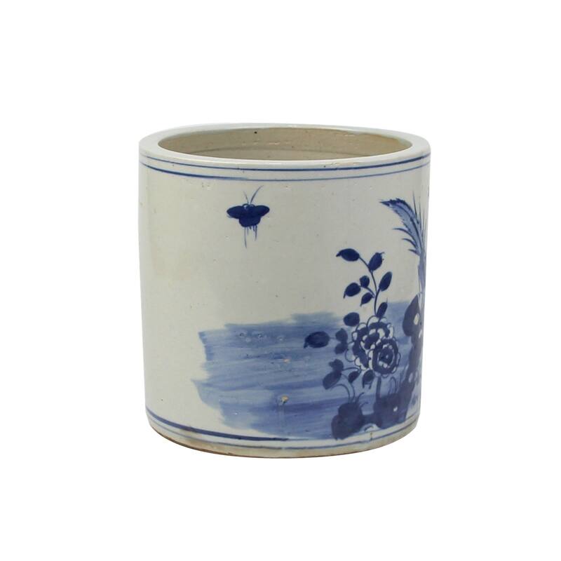 Blue And White Orchid Pot Bird Floral Motif
