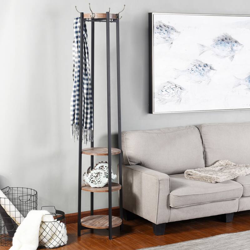 Four Hook Coat Rack with Three Shelves - Black, Brown Finish
