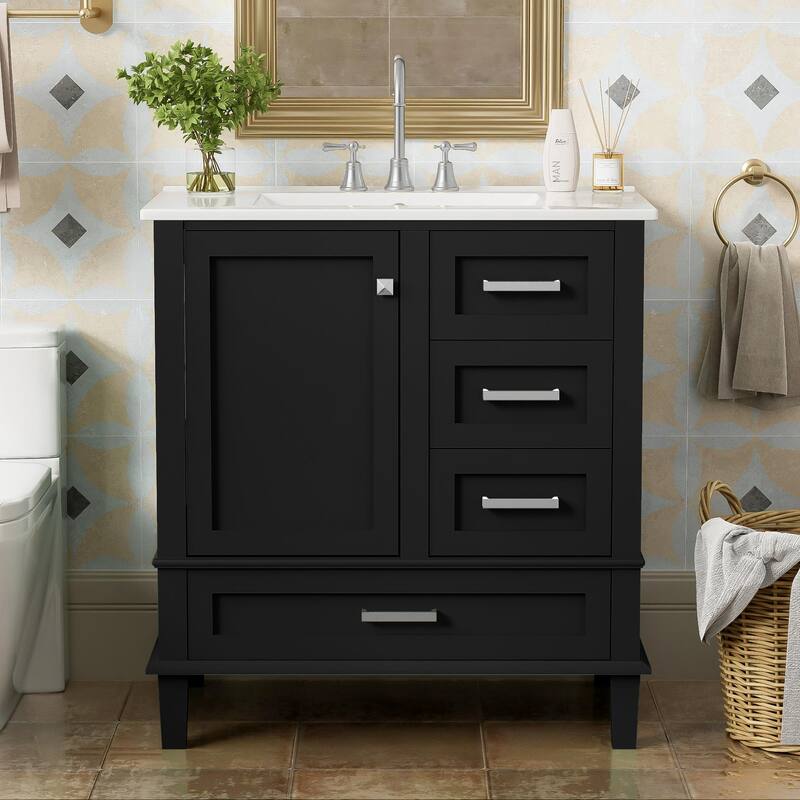 Single Sink Bathroom Vanity Cabinet, Vanity Base & Ceramic Sink Combo Set, 3 Drawers Bathroom Storage Cabinet, 30 Inch - Black - 30 Inch