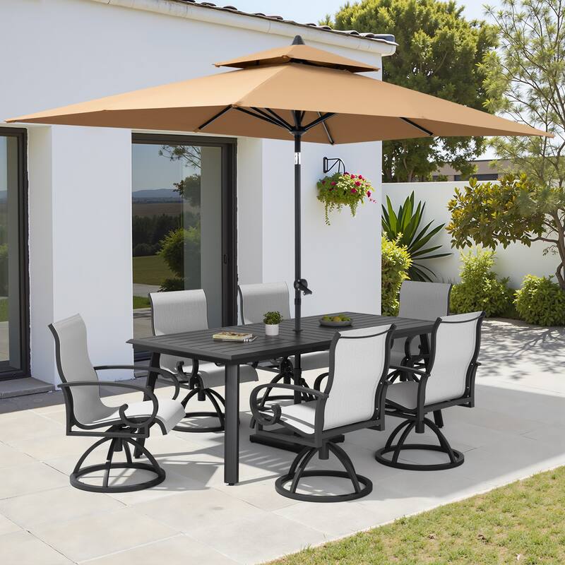 9-Piece Set Outdoor Aluminum Patio Dining Table and Swivel Sunbrella Dining Chairs with Umbrella and Base - Augustine Oyster