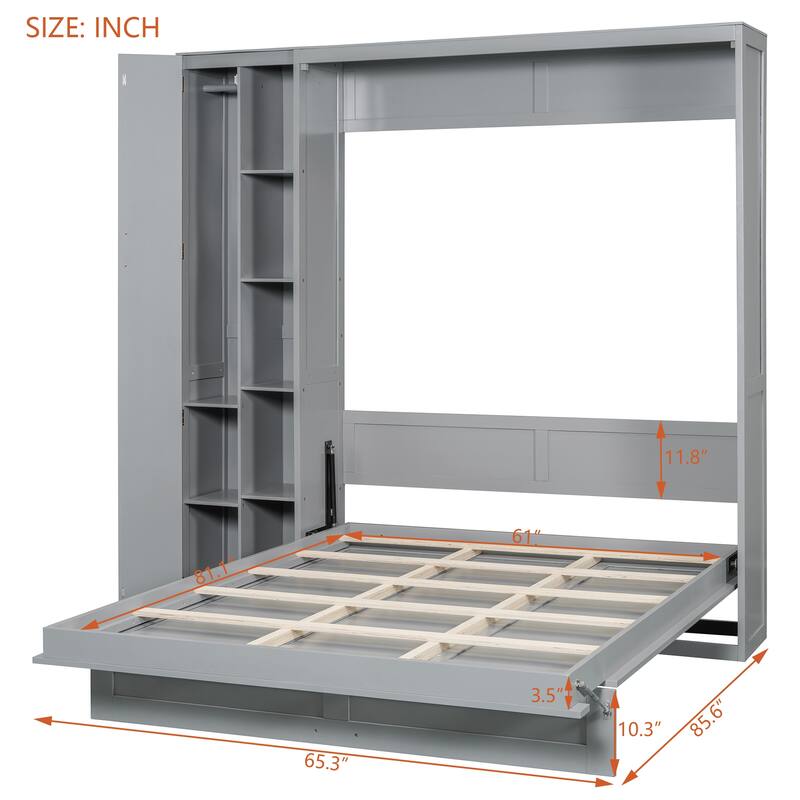 Space-Saving Queen Murphy Bed with Shelves, Wardrobe and LED Lights in Gray