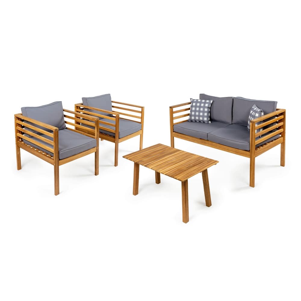 Everly 4-Piece Mid-Century Modern Acacia Wood Outdoor Patio Set with Cushions and Plaid Decorative Pillows, by JONATHAN Y