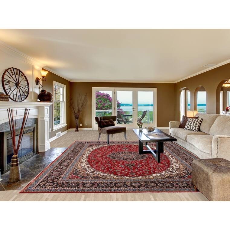 Medallion Kashan Turkish Rug Floral Machine-Made Carpet - 9'8" x 12'10"