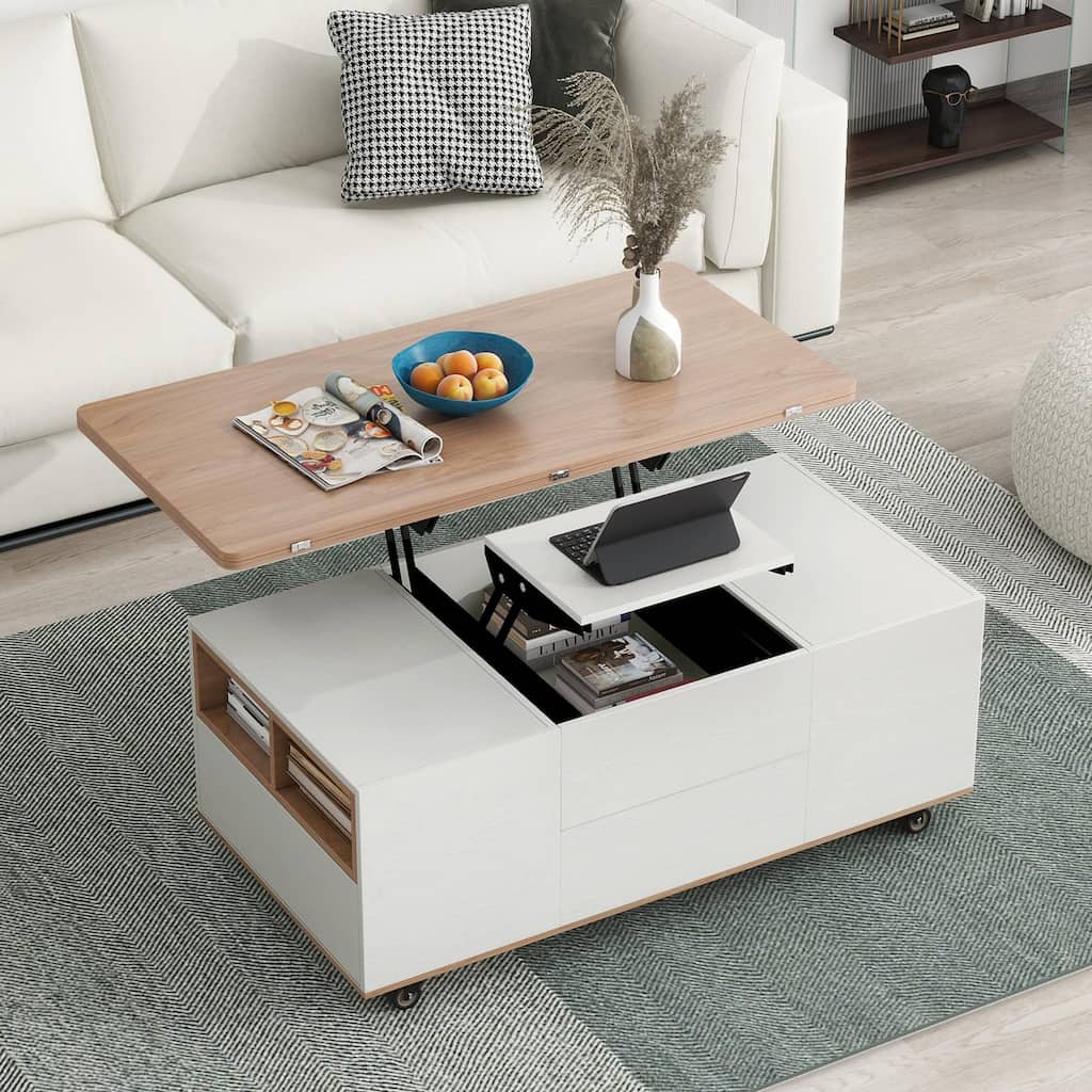 Modern Lift Top Coffee Table with Drawers & Shelves