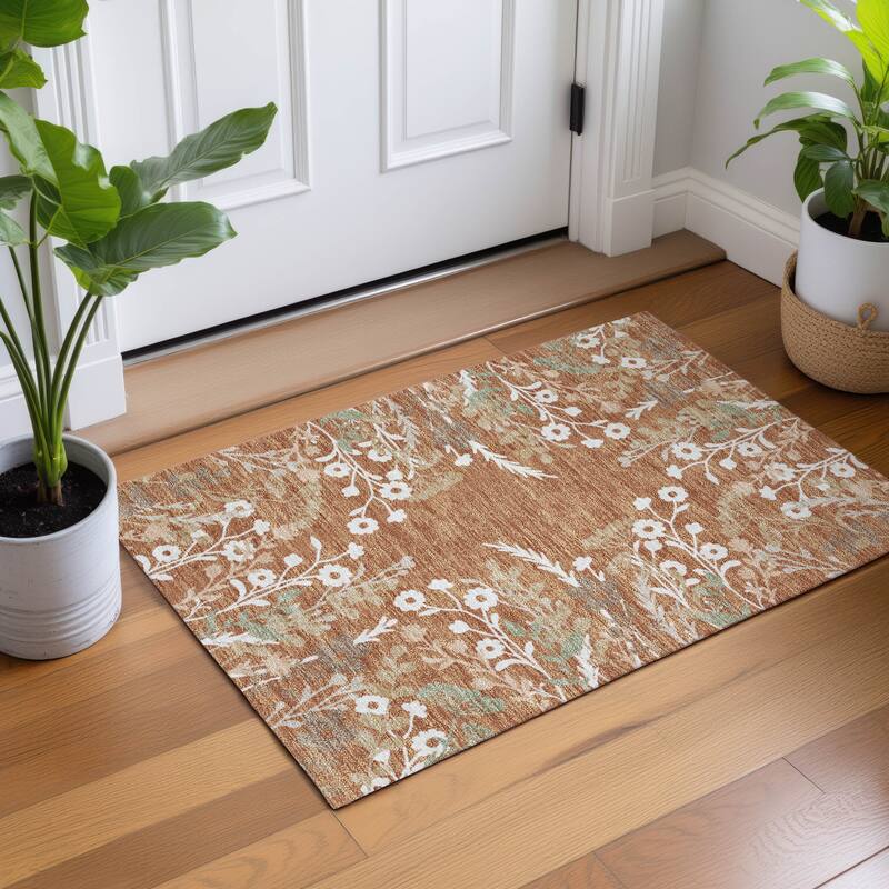 Machine Washable Indoor/ Outdoor Floral Border Chantille Rug