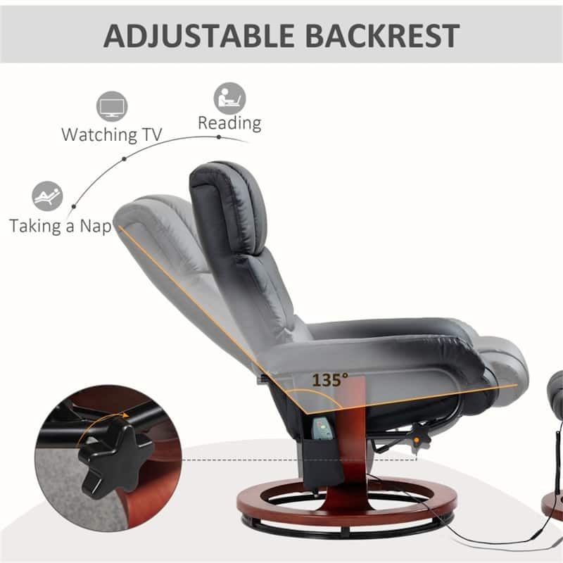 PU Leather Massage Recliner Chair Including Ottoman with Swivel Base and Adjustable Vibration - 28.75" W x 33" D x 40.25" H
