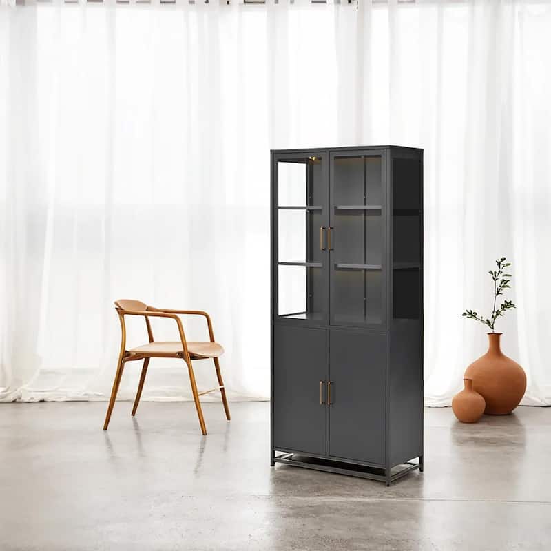 76.75'' Tall Display Cabinet with Double Glass Doors and LED Lights Steel Curio Cabinet