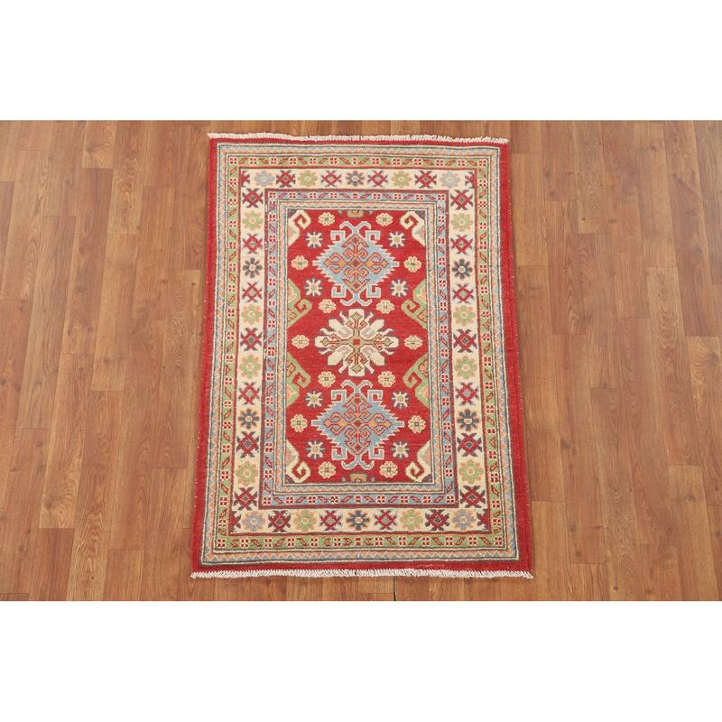 Kazak Accent Rug Hand-Knotted Geometric Wool Carpet - 2'8" x 4'0"