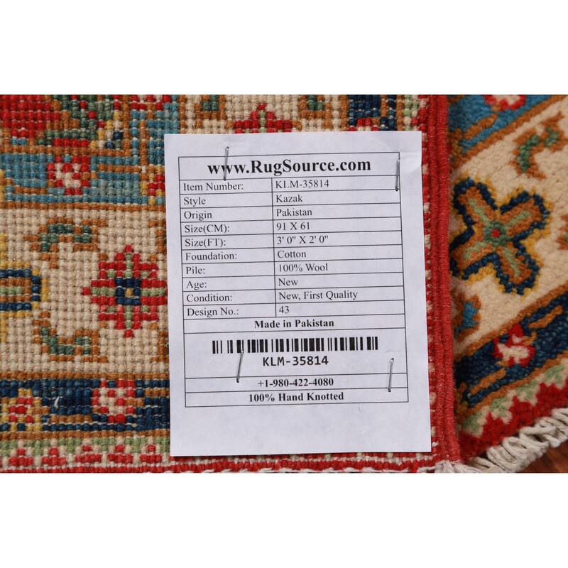 Red Kazak Oriental Accent Foyer Rug Handmade Wool Carpet - 2'0"x 3'0"