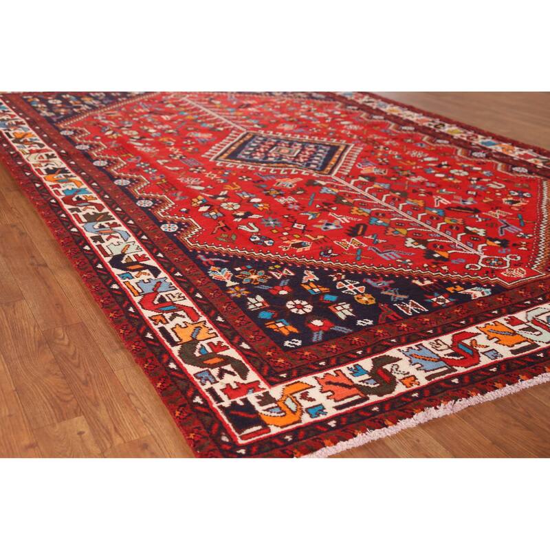 Hand Knotted Oriental 100% Wool Carpet Traditional Tribal Red Shiraz Area Rug - 9' 10'' X 6' 8''
