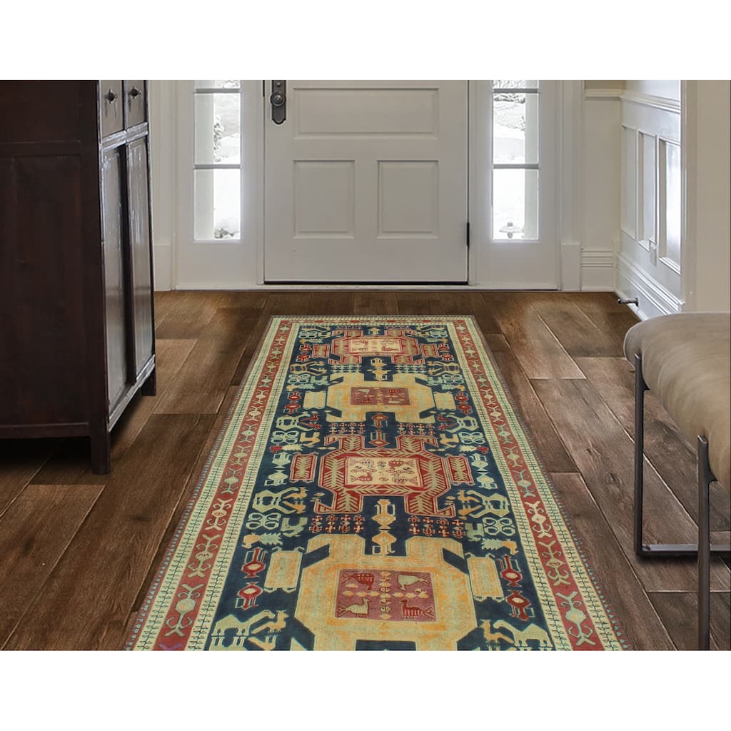 Fine Vintage Distressed Omolara Red/Navy Rug - 4'7" x 9'4"