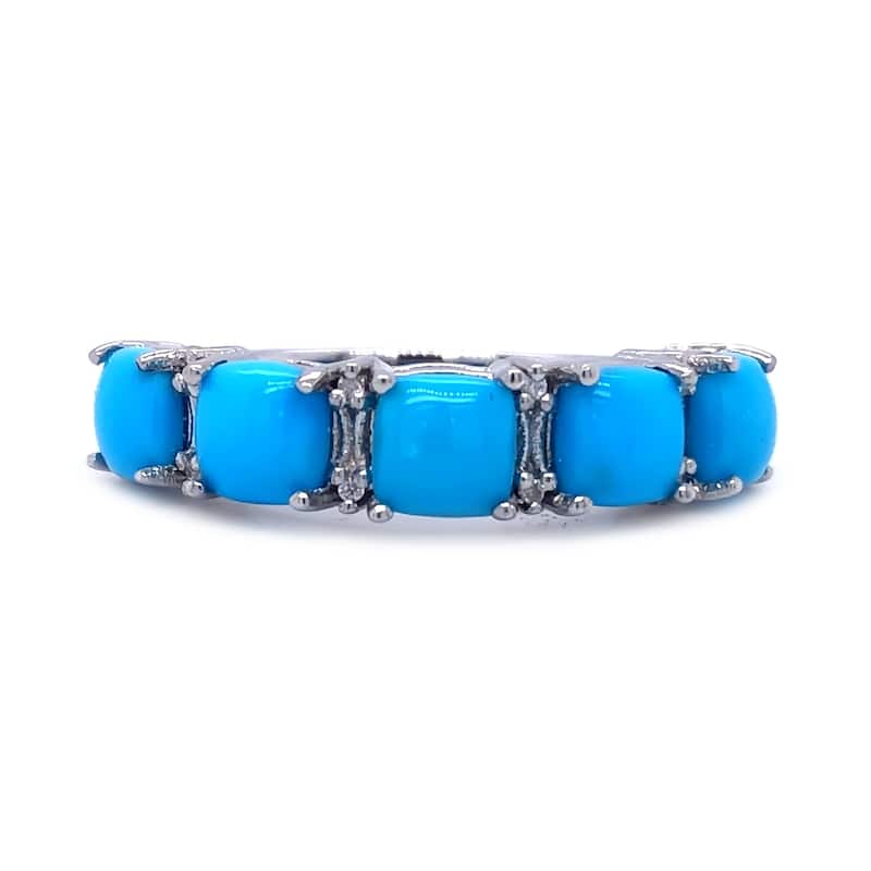 925 Sterling Silver 5mm Cushion Sleeping Beauty Turquoise, White Natural Zircon Ring