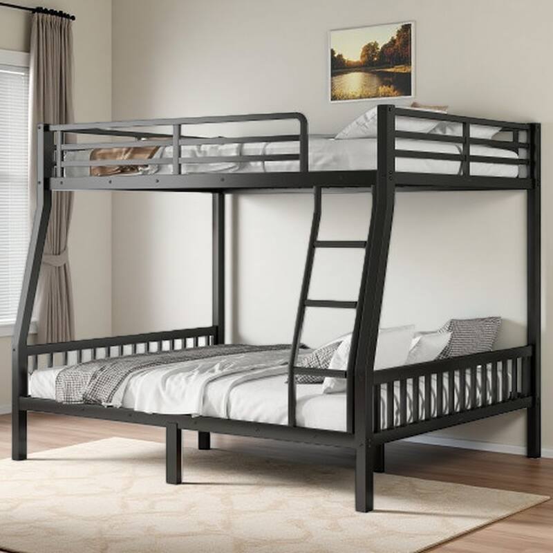 Heavy-Duty Full XL Over Queen Bunk Bed with Ladder & Guardrails, Noise-Free Metal Frame with Slat Support - Full XL over Queen Black - Full
