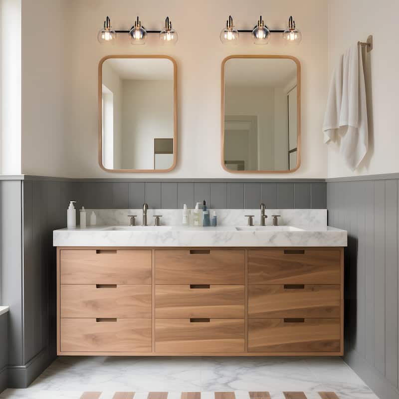 3-Light Black Gold Bathroom Vanity Lights Modern Wall Lighting with Globe Glass - 23" L x 8" W x 8" H