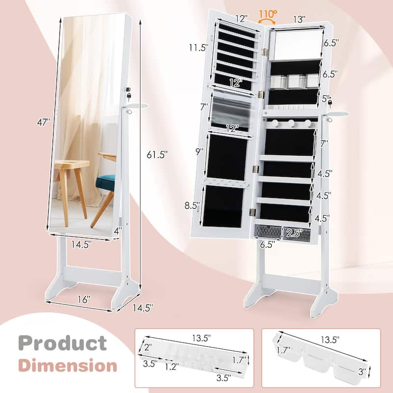 Gymax Standing Jewelry Cabinet Full Length Mirror Lockable w/ 3-Color