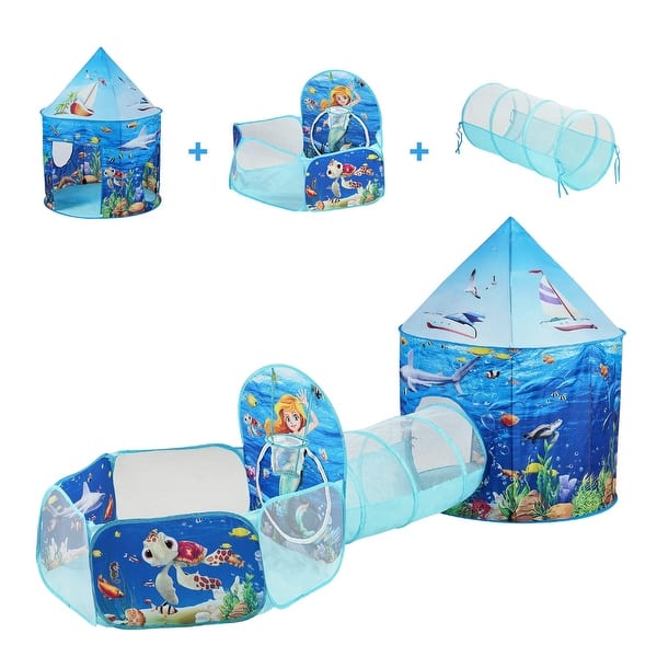 slide 2 of 12, Multi Color Kids Tent Tunnel Set, 3 Piece Polyester Playhouse with Ball Pit - 39.4” L x 50” H Multi Color