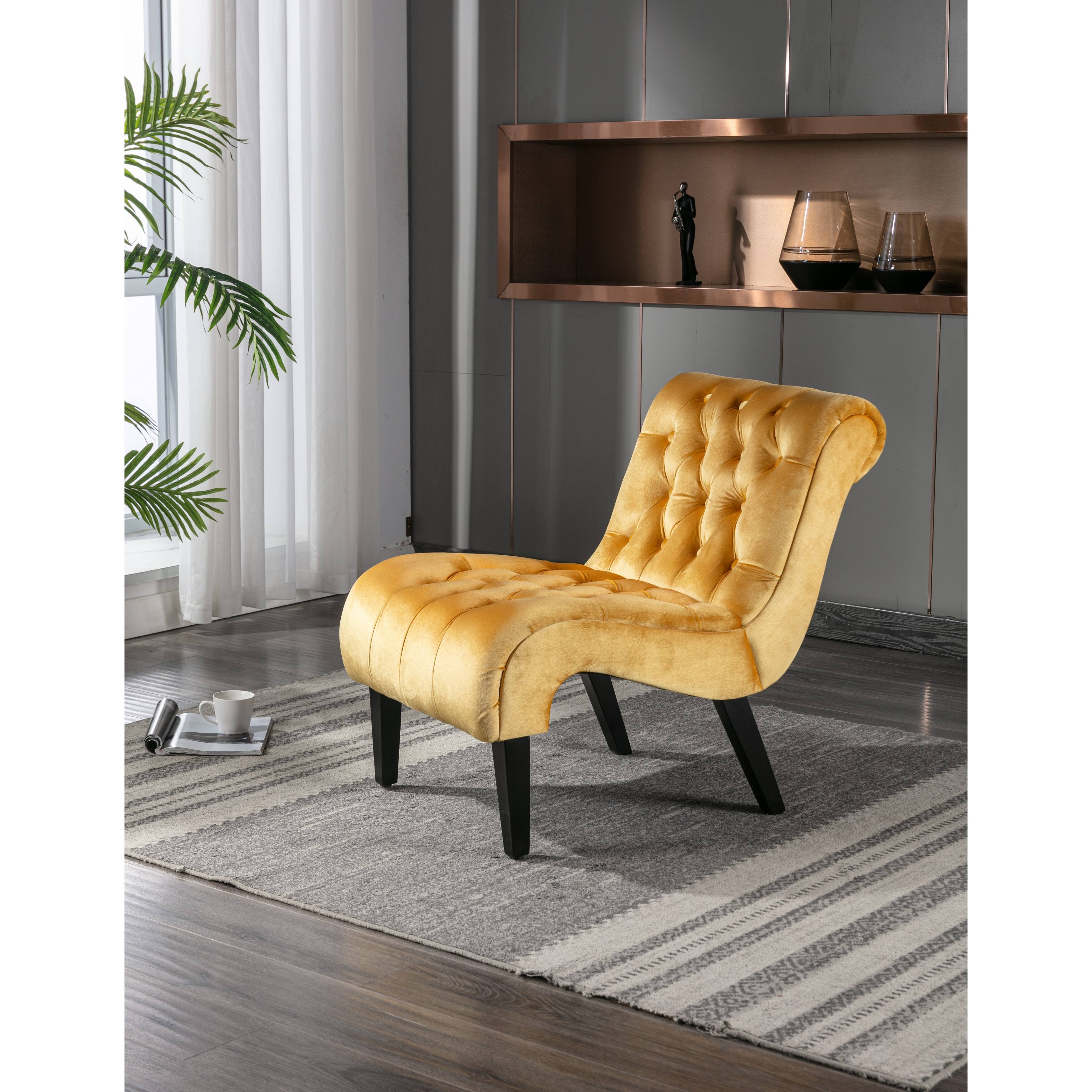 Tufted Barrel Chair Mustard Velvet Lounge Chair Curved Accent Chair