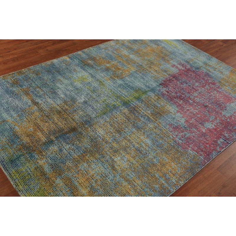 Contemporary Abstract Indian Rug Hand-Knotted Wool Carpet - 4'9"x 6'10"