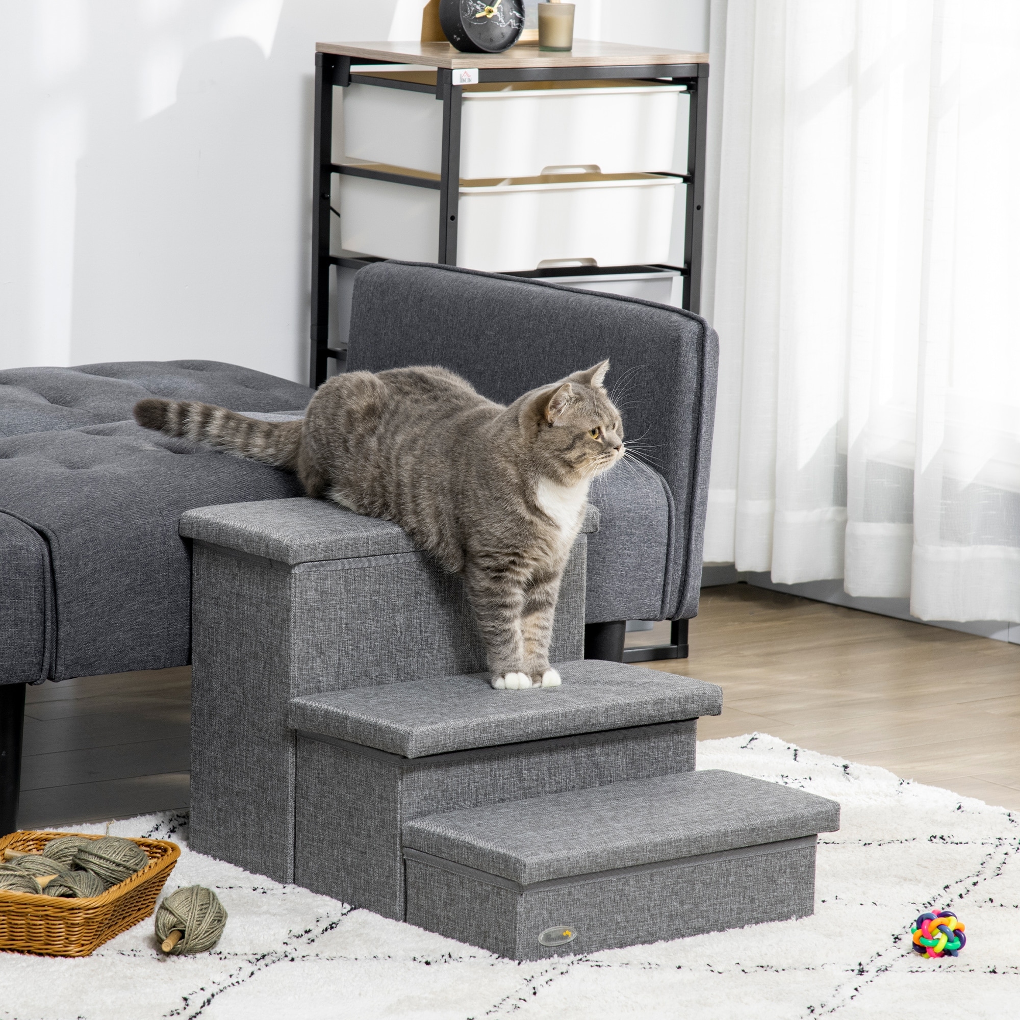 PawHut 3-Step Pet Stairs with Storage, Dog Steps for Couch, Bed, Gray