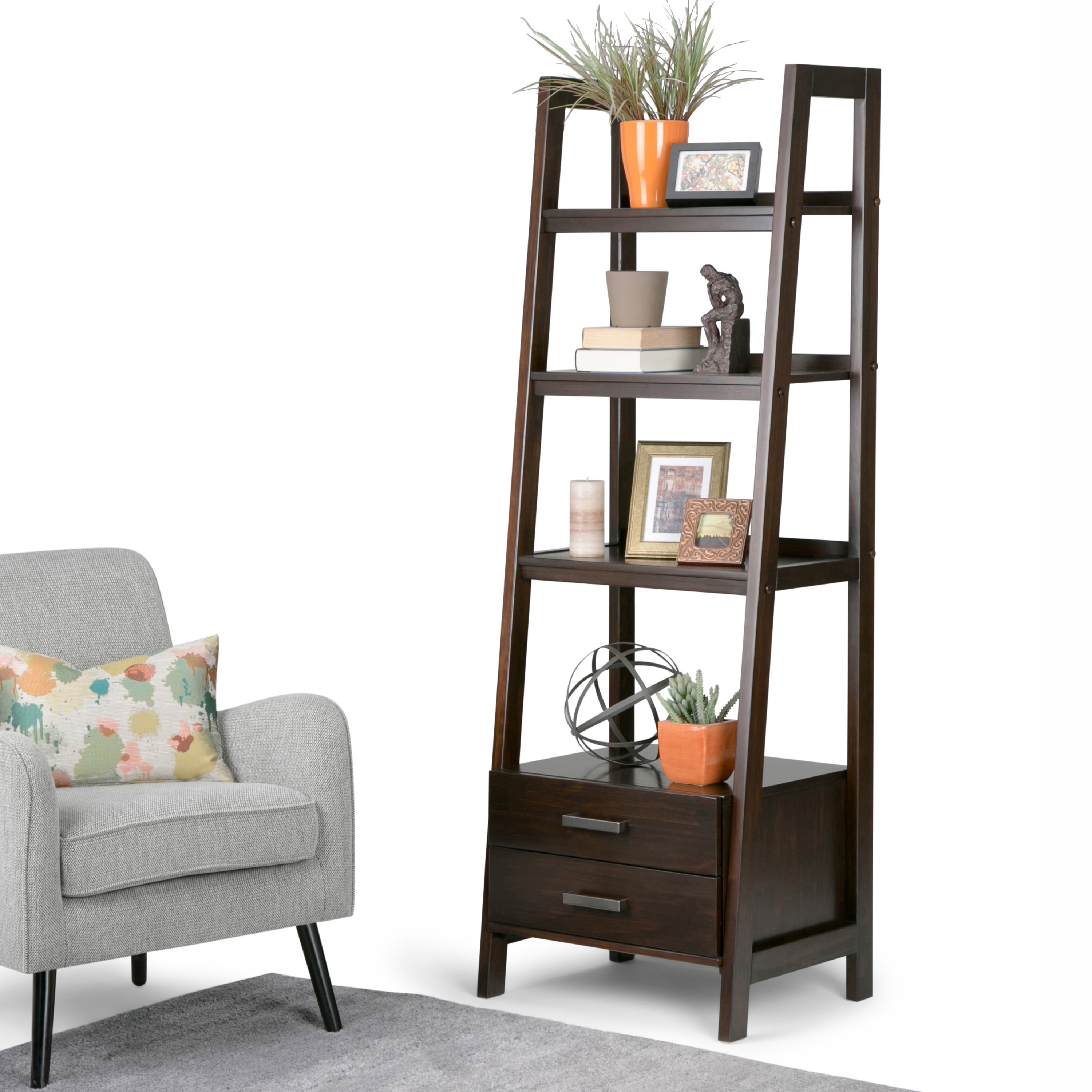 WYNDENHALL Hawkins SOLID WOOD 72 inch x 24 inch Modern Industrial Ladder Shelf with Storage - 24"w x 20"d x 72"h