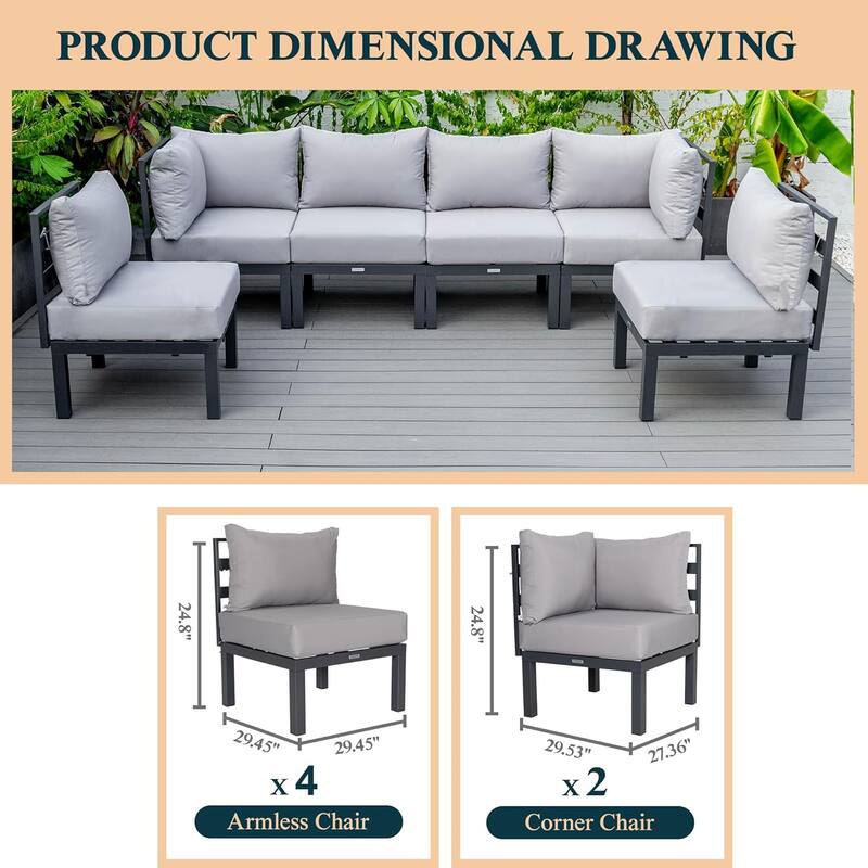 Chelsea 6-Piece Outdoor Patio Sectional Set in Black Aluminum with Removable Cushions for Backyard Garden and Patio Deck