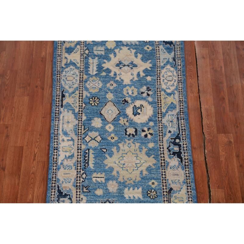 Hand Knotted Oriental 100% Wool Carpet Transitional All-Over Navy Blue & Blues Oushak Runner Rug - 9' 8'' X 2' 7''