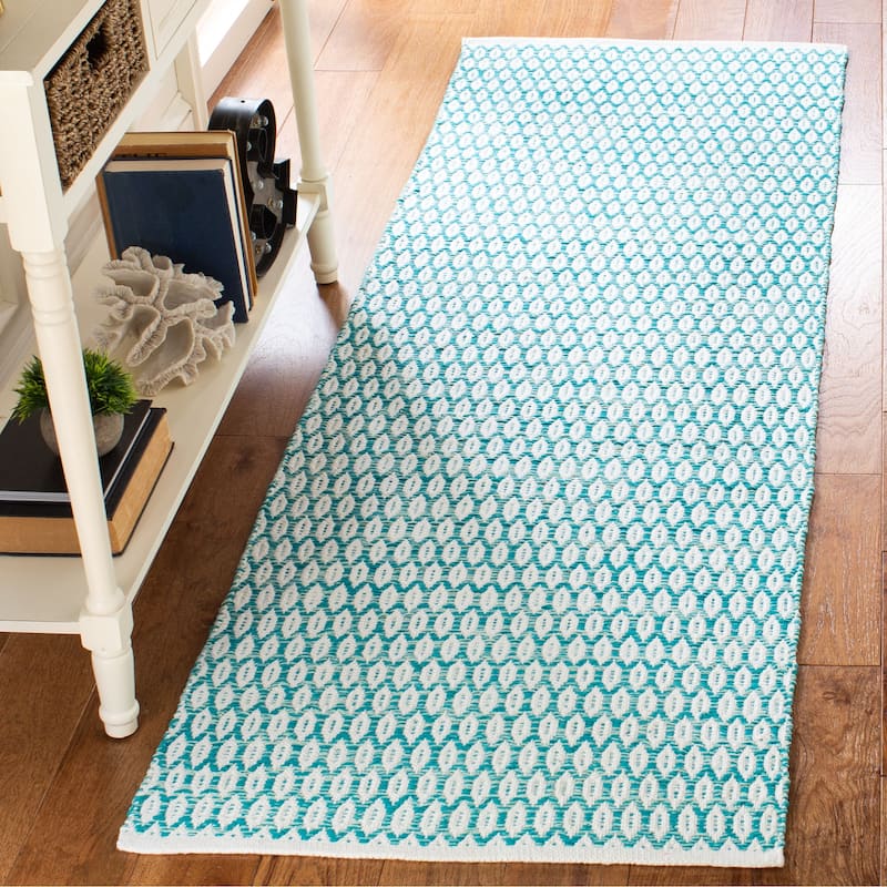 SAFAVIEH Handmade Flatweave Montauk Cassidy Casual Cotton Rug - 2'3" x 7' Runner - Aqua/Ivory