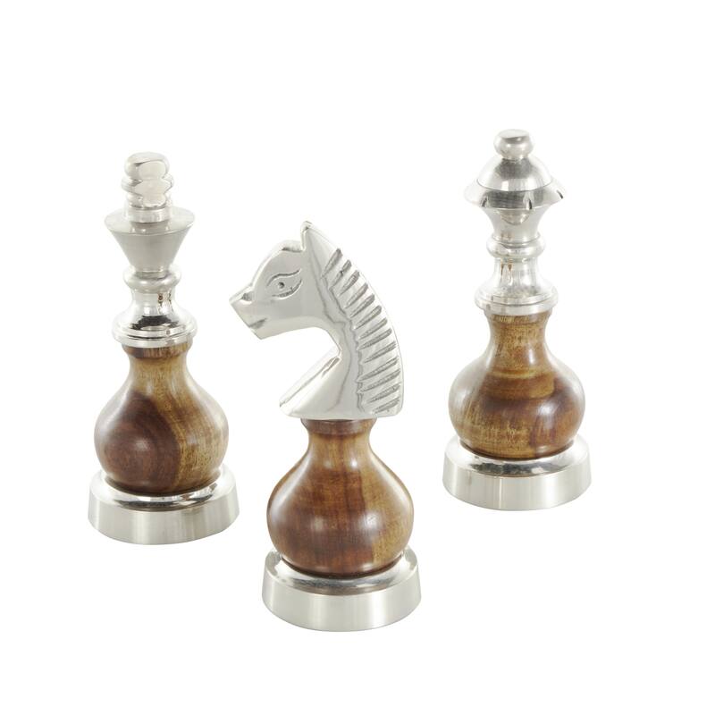 Aluminum Metal Chess Decorative Sculpture with Mango Wood Center - Set of 3 Silver or Dark Gray - Roche River Decor