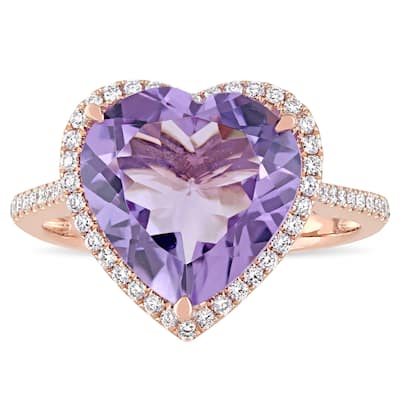 Miadora Signature Collection 14k Rose Gold Amethyst and 1/3ct TDW Diamond Heart Halo Cocktail Ring - Purple