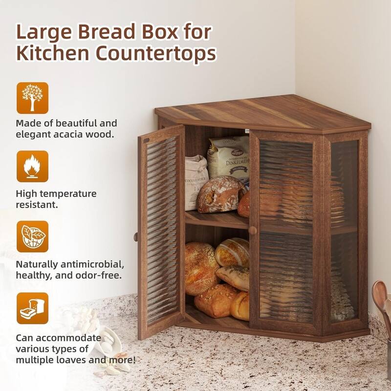 Extra-large locust wood square bread box 16.5-inch wooden bread box with glass wave door, farmhouse style design.