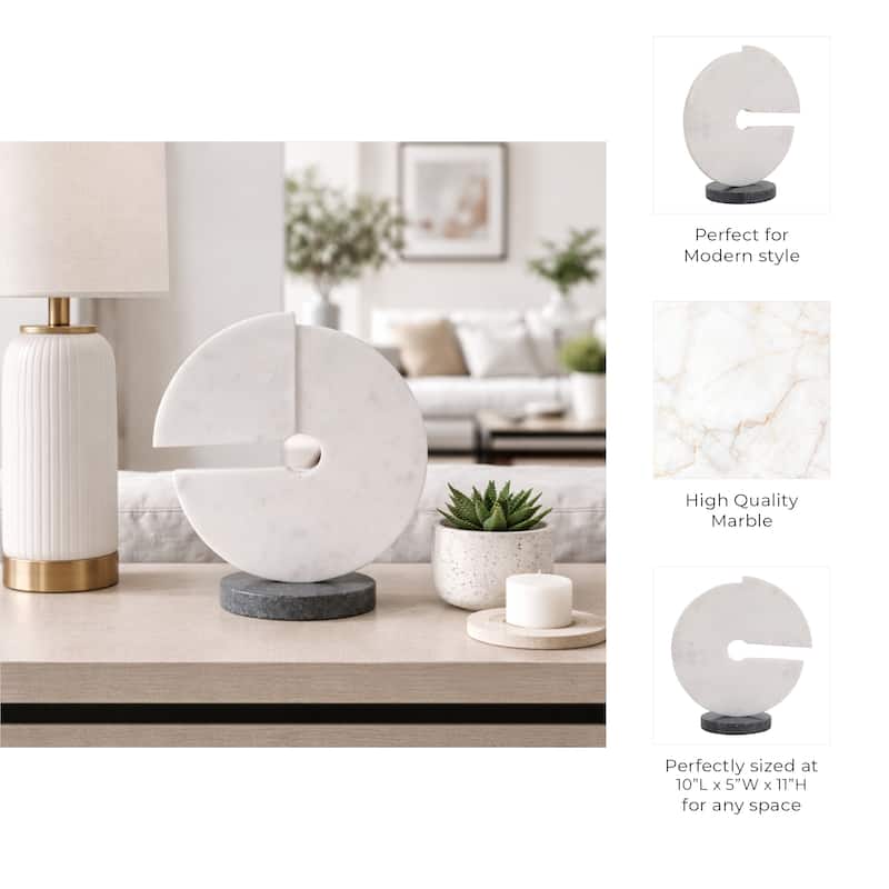 Decorative Round Marble Sculpture Statue - 10", White & Black