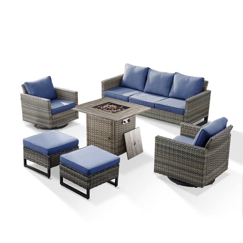 6 Pieces Fire Pit Table with Sofa Swivel Chair Ottoman Set