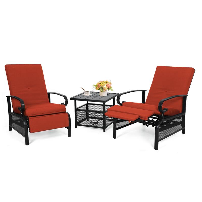 Outdoor Metal Patio Adjustable Recliner Lounge Chair & Bistro Table Set, Retractable Steel Frame and Removable Thick Cushion
