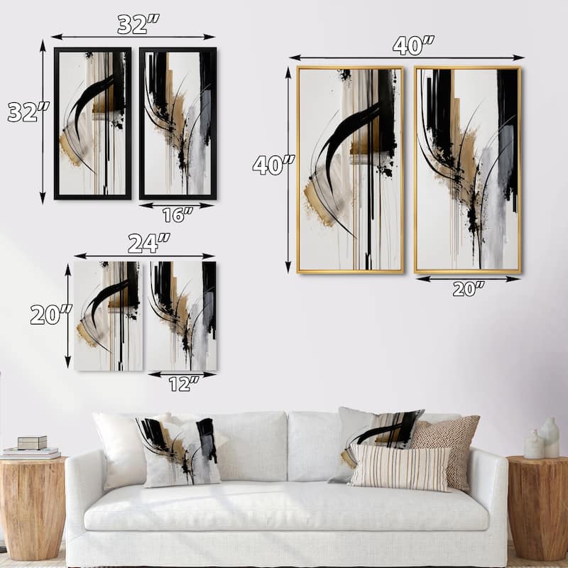 Designart "Black, White And Gold Expression I" Abstract Framed Canvas Set Of 2 For Living Room Decor
